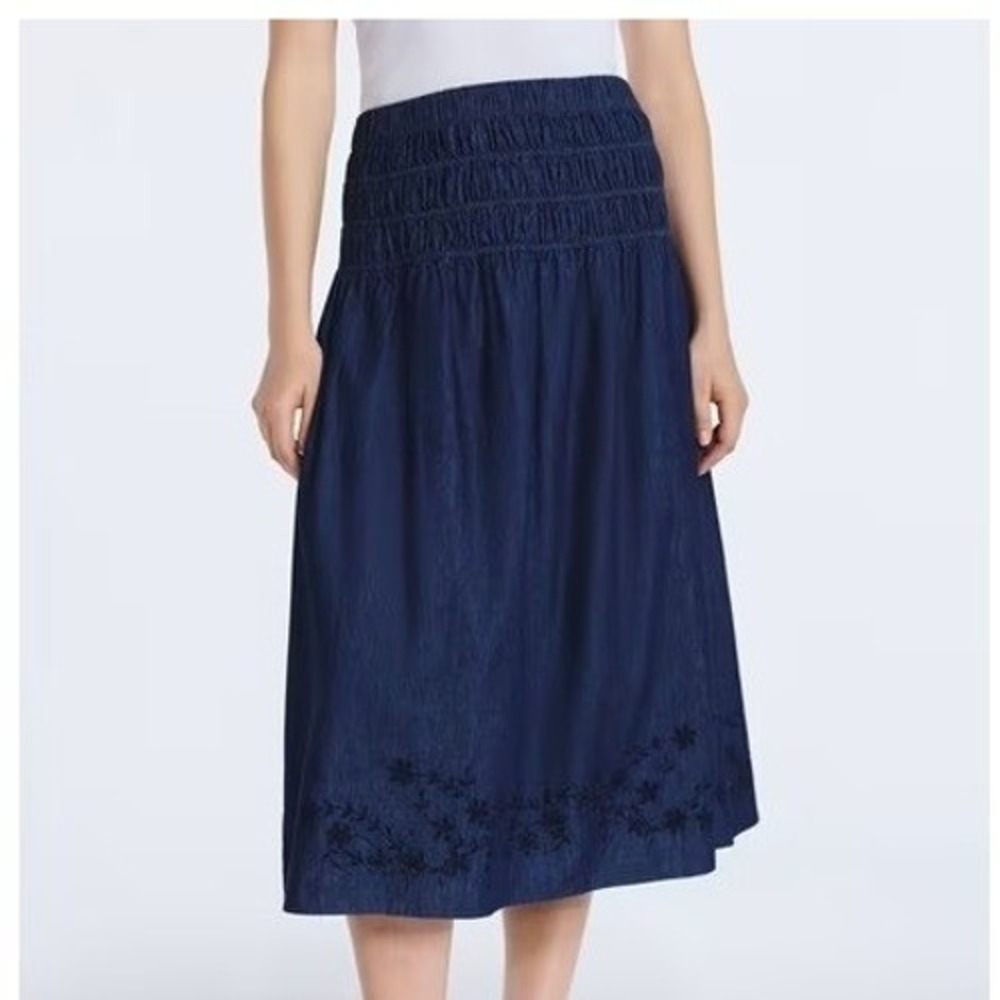FREE ASSEMBLY Embroidered Denim Maxi Skirt Sz M Dark Wash Indigo Smock Waist NWT